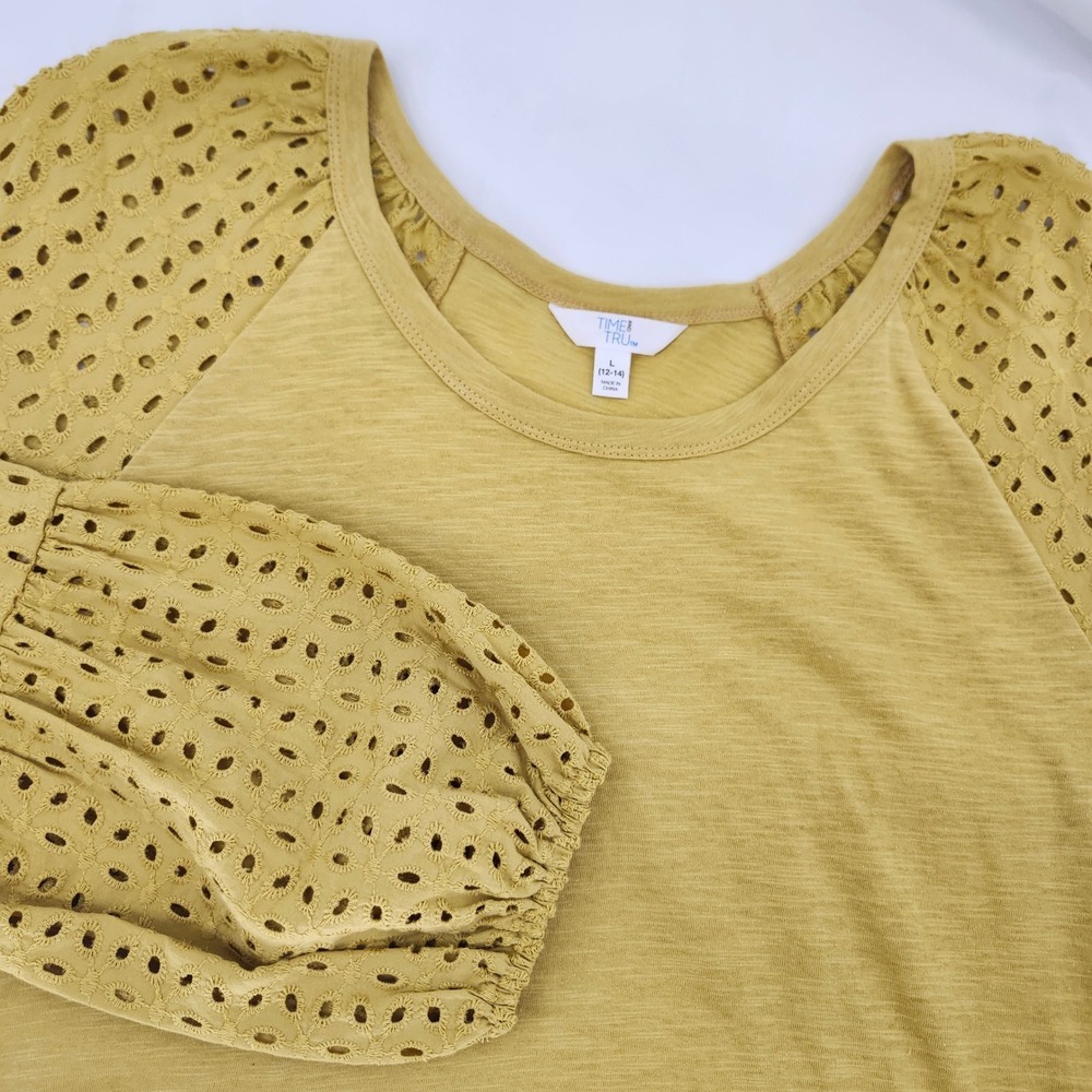 Yellow Eyelet Slub Knit Peplum Top Size‎ L Boho Feminine Cottage Balloon Sleeve